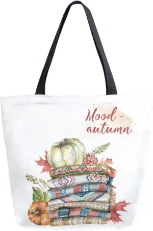 Autumn Plaid Pumpkins Canvas Tote Bag Floral Composition Leaves Flowers Women Shoulder Bag Reusable Grocery Bags Large Handbag Travel Shopping Bag for School Nursing Gift Outdoors