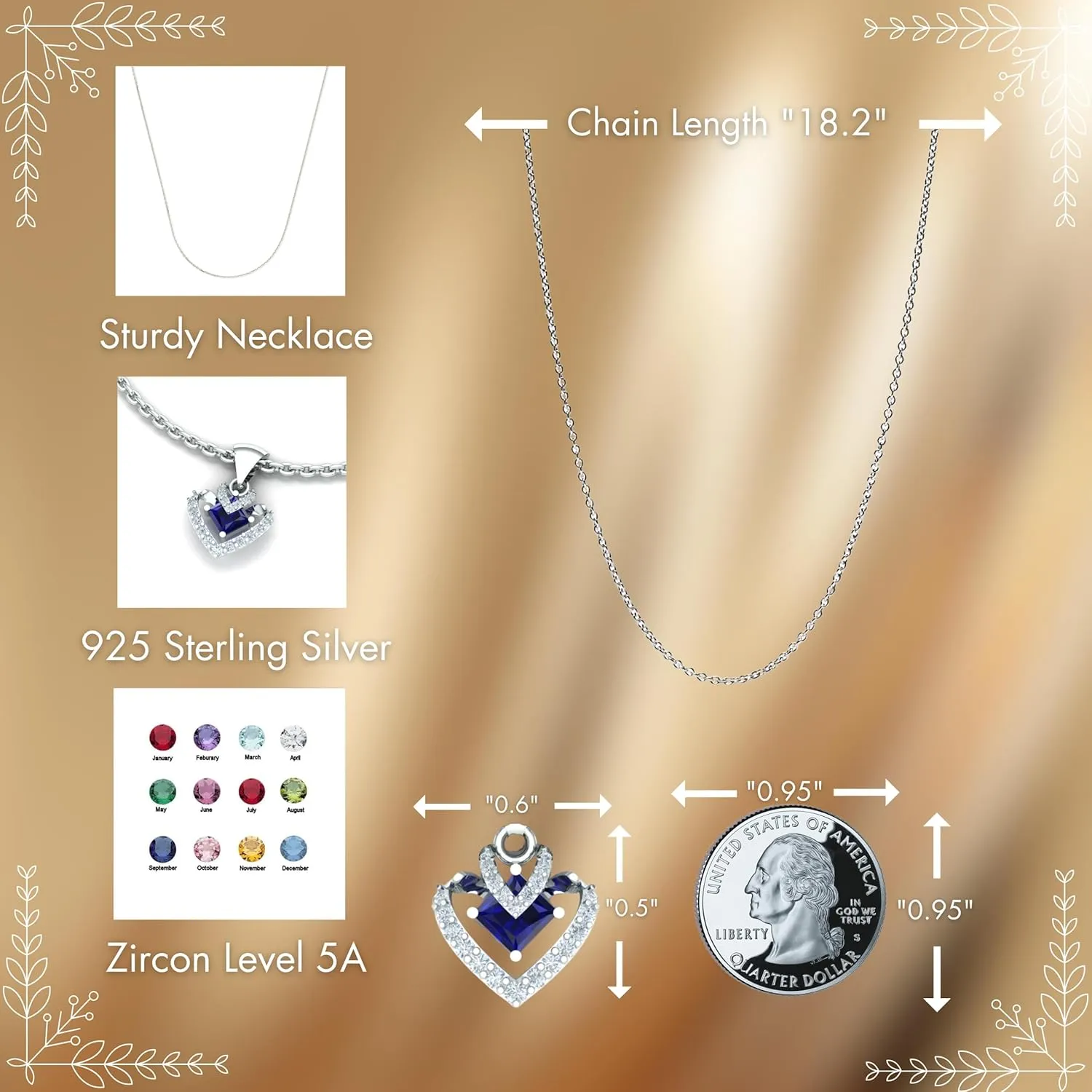 AYJ Sterling Silver Double Heart Necklace - Birthstone Gem - Gift for Women, Moms, Daughters - Elegant Heart Pendant Design