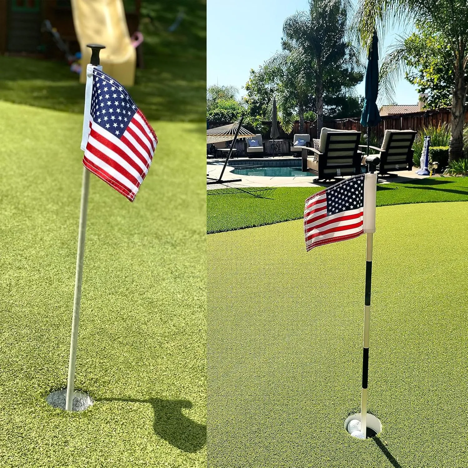 AZCOVER 2 Pack USA Golf Flag 8x6 Inch with Tube Inserted, Dual-layer 420D Putting Green Flags, Mini Double Sided Golfs Banner for Backyard Practice, Garden, Yard, Golf Courses