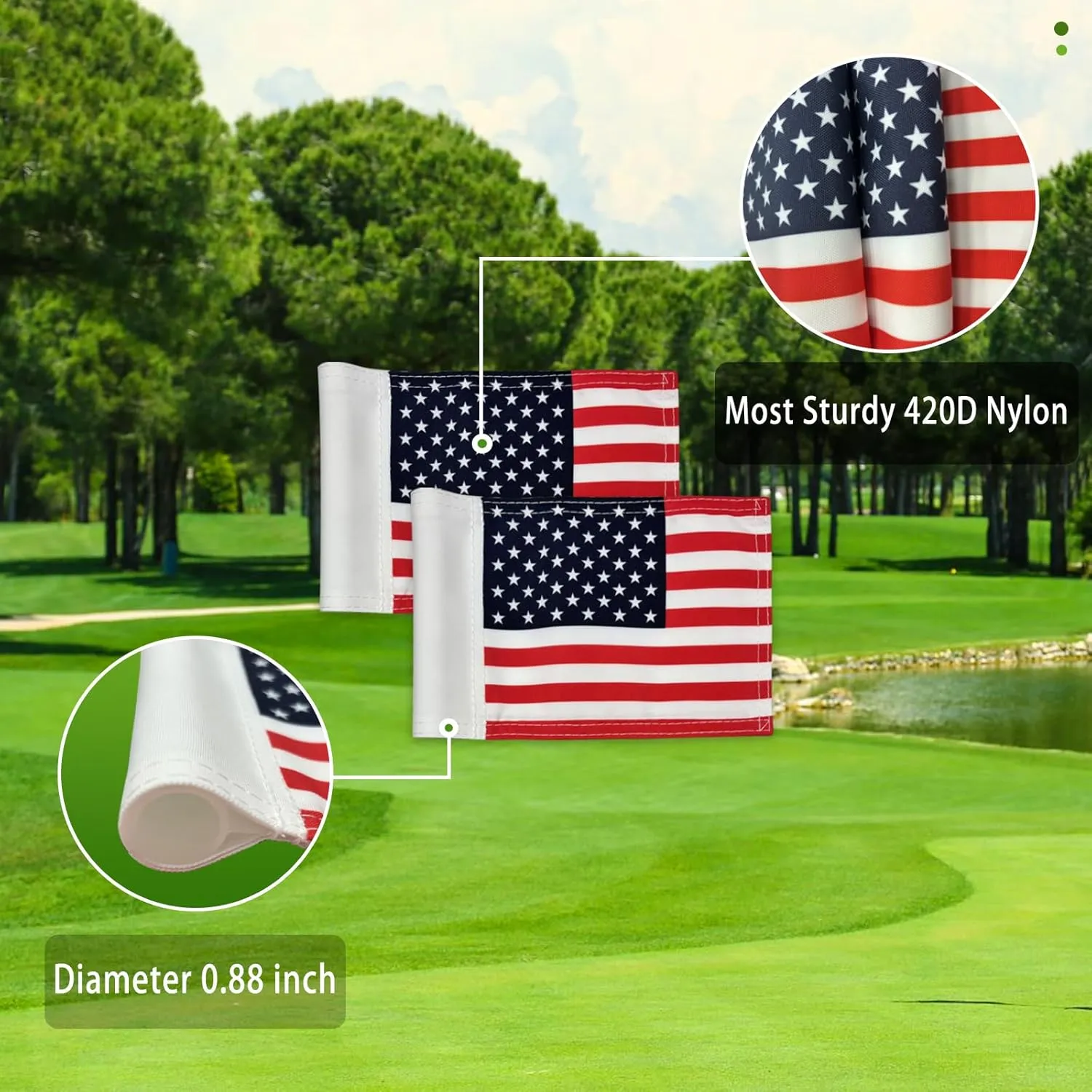 AZCOVER 2 Pack USA Golf Flag 8x6 Inch with Tube Inserted, Dual-layer 420D Putting Green Flags, Mini Double Sided Golfs Banner for Backyard Practice, Garden, Yard, Golf Courses