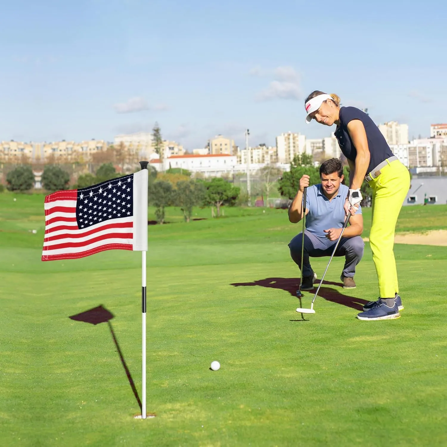 AZCOVER 2 Pack USA Golf Flag 8x6 Inch with Tube Inserted, Dual-layer 420D Putting Green Flags, Mini Double Sided Golfs Banner for Backyard Practice, Garden, Yard, Golf Courses
