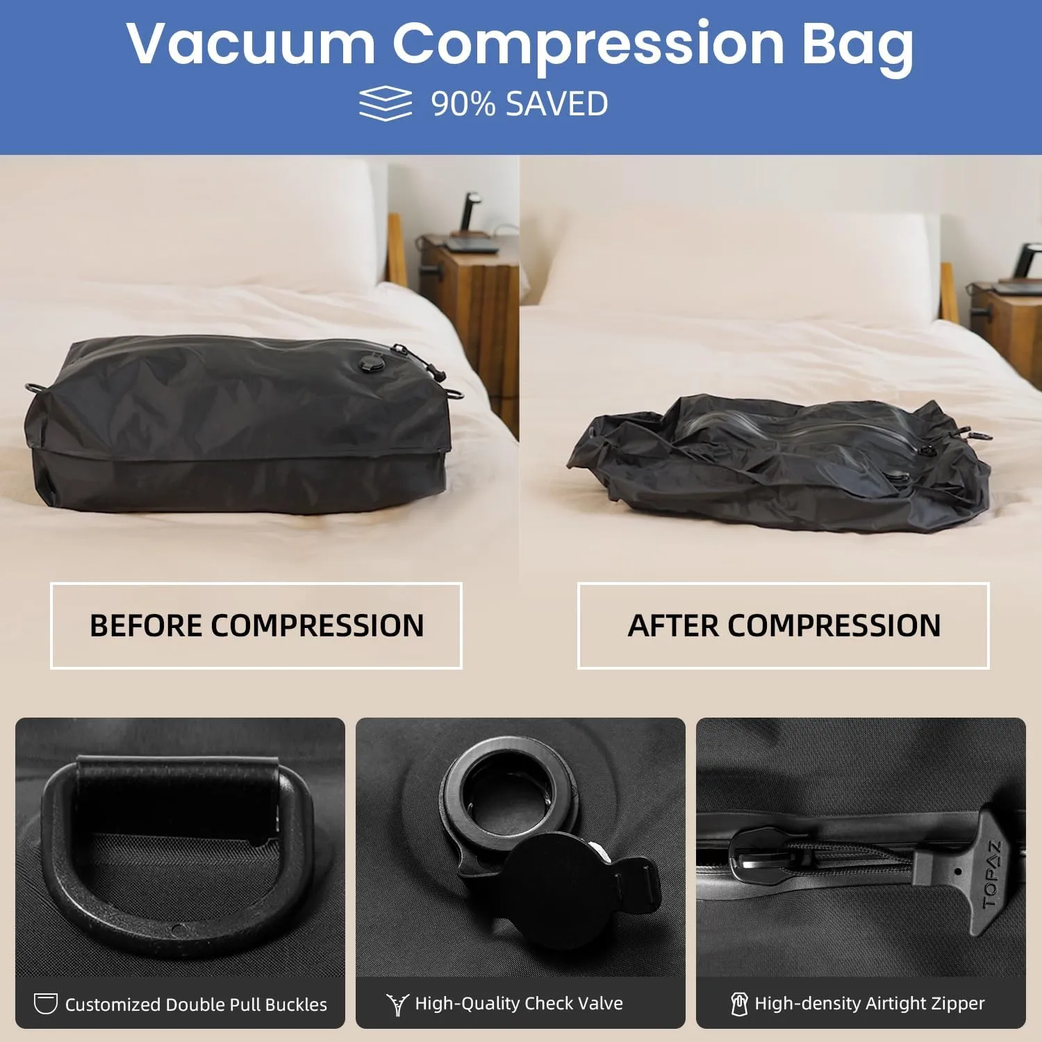 BAGAIL TPU Vacuum Bag for Travel, Reusable Compression Bag with IPX8 Waterproof Zipper, Save Space for Suitcase, Backpack and Carry on (Black, ExtraLarge, With Pump)
