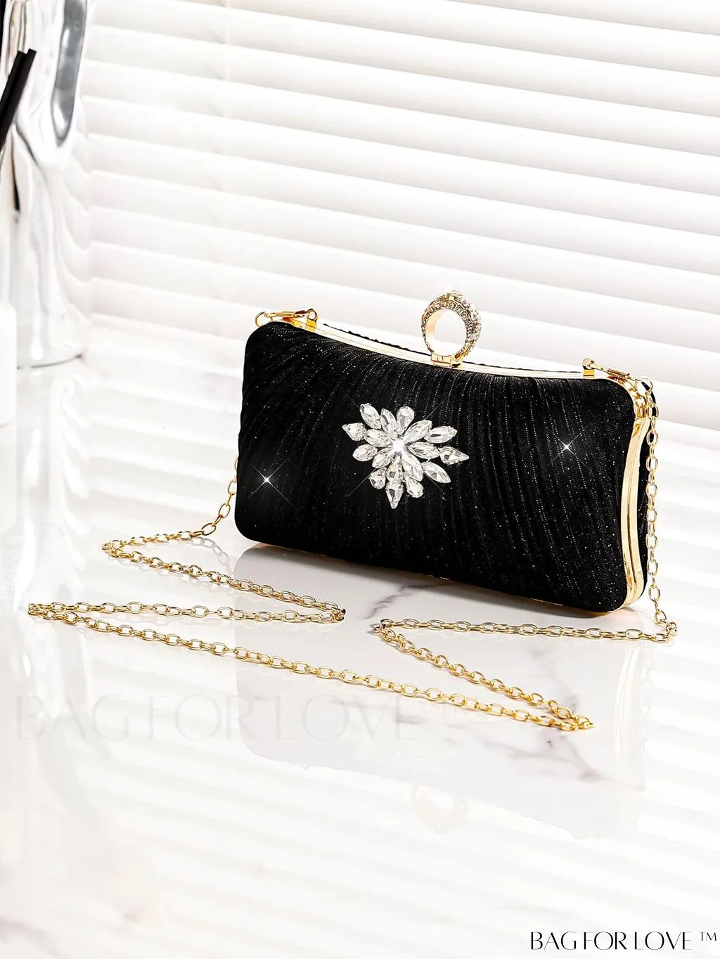 BagForLove - Compact Chain Box Bag with Rhinestone Embellishments and Ruched Detail