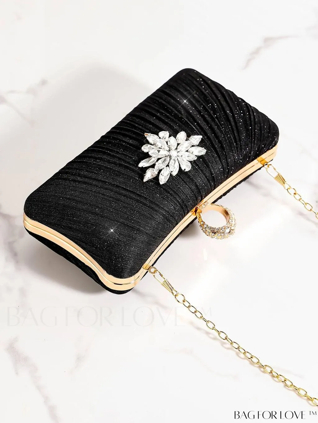 BagForLove - Compact Chain Box Bag with Rhinestone Embellishments and Ruched Detail
