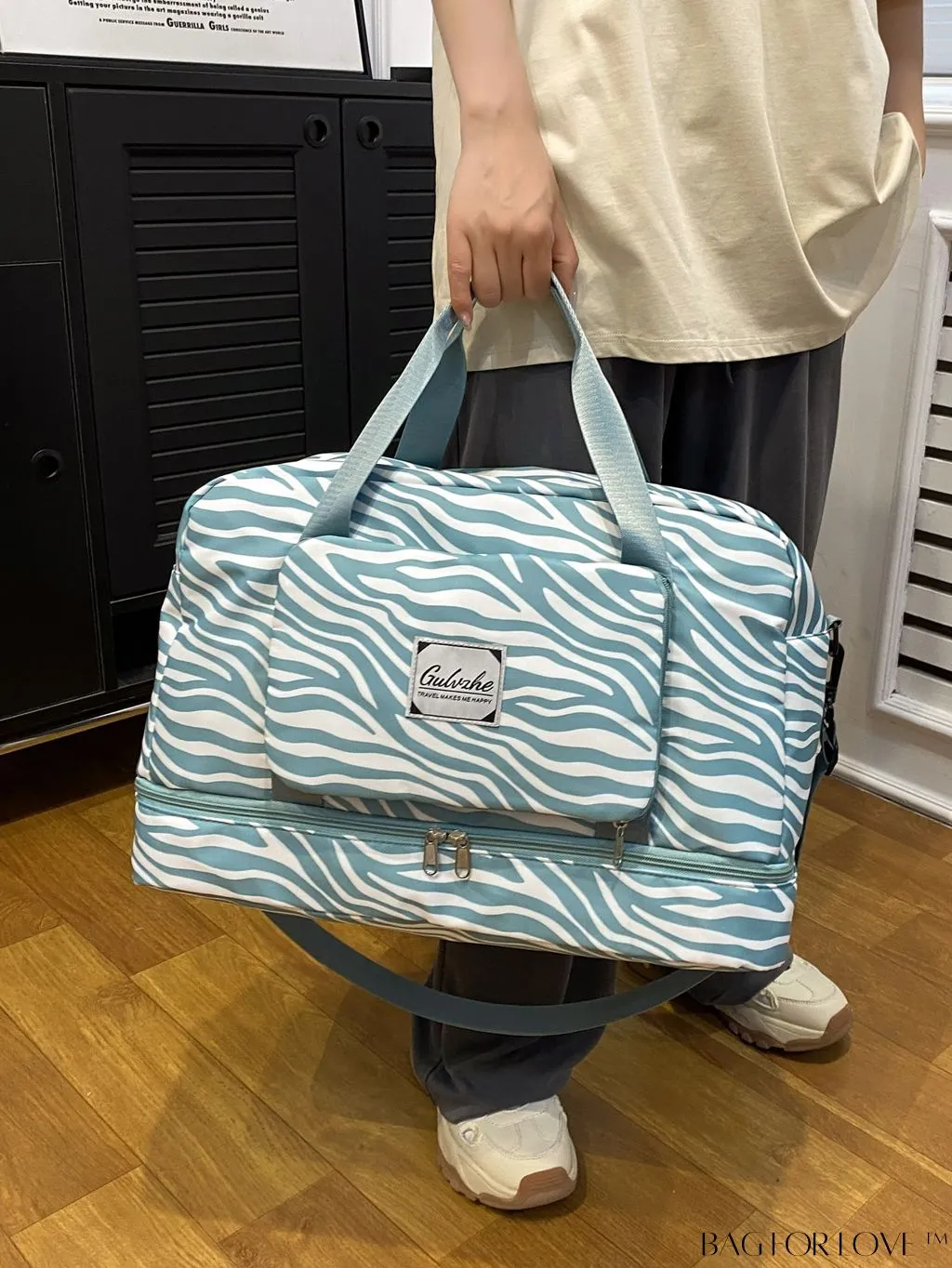 BagForLove - Multifunctional Zebra Print Travel Duffel with Shoe Compartment, Waterproof & Abrasion-Resistant Gym Bag
