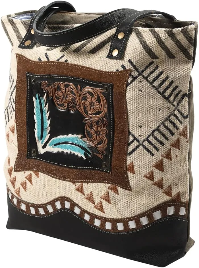 Bags OHV113 Tote Hand Tooled Upcycled Canvas Genuine Leather Women Bag Western Handbag Purse