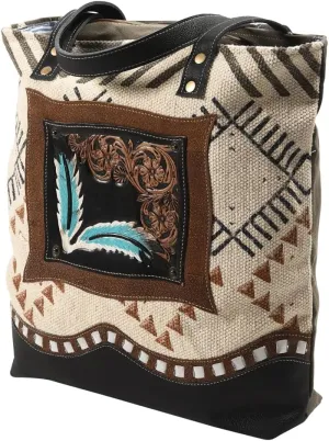 Bags OHV113 Tote Hand Tooled Upcycled Canvas Genuine Leather Women Bag Western Handbag Purse