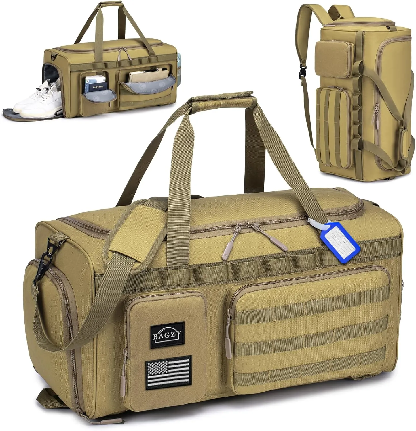 BAGZY 3 In 1 Military Tactical Gym Bag for Men Sports Duffle Bag 55L with Shoe Compartment Travel Backpack for Fitness Weekender Overnight Workout Khaki