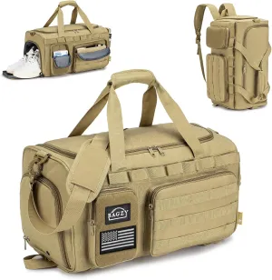 BAGZY 3 In 1 Tactical Military Travel Duffle Bag 40L with Shoe Compartment Gym Bag Backpack for Fitness Weekender Deployment Workout Khaki