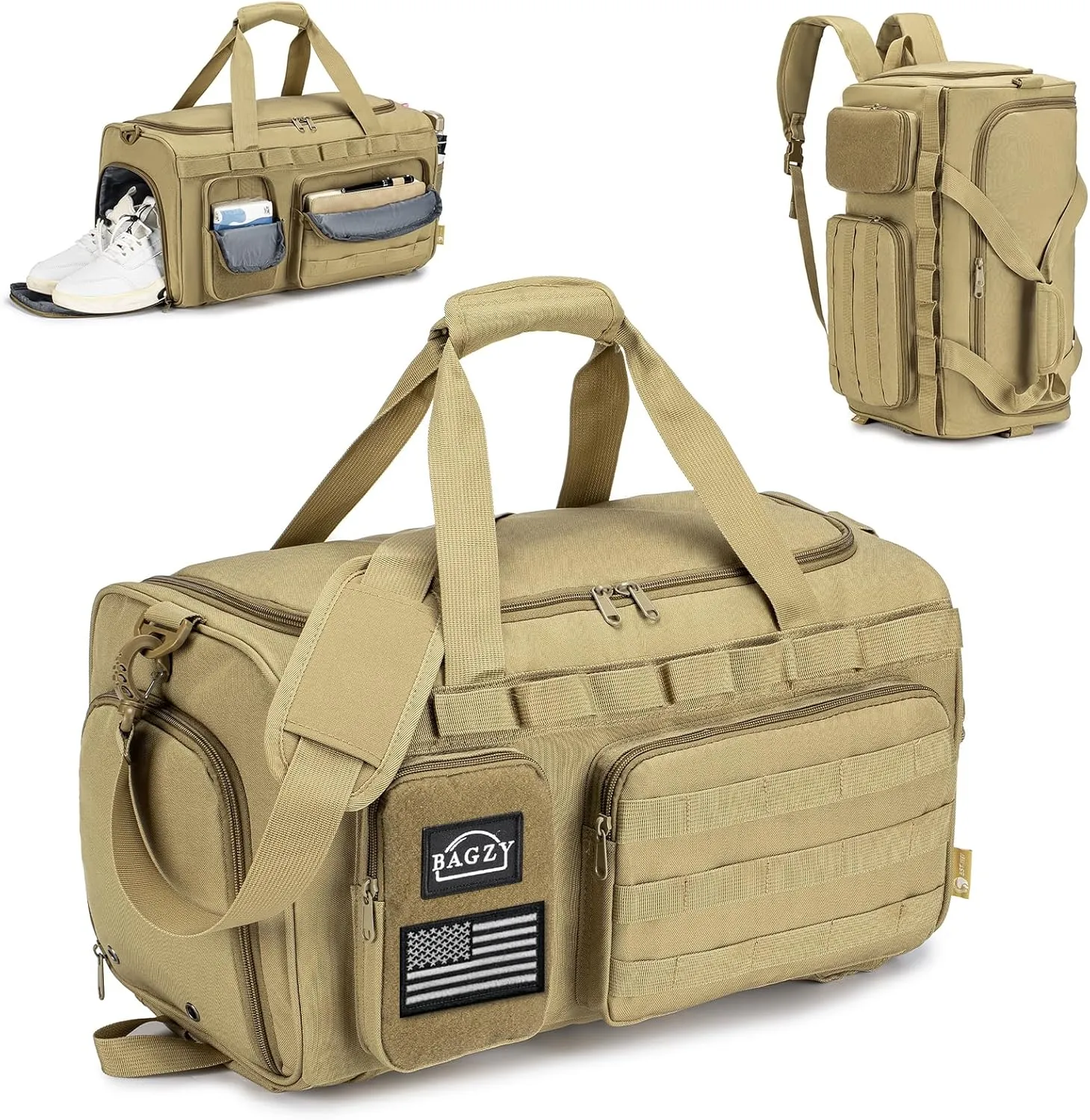 BAGZY 3 In 1 Tactical Military Travel Duffle Bag 40L with Shoe Compartment Gym Bag Backpack for Fitness Weekender Deployment Workout Khaki