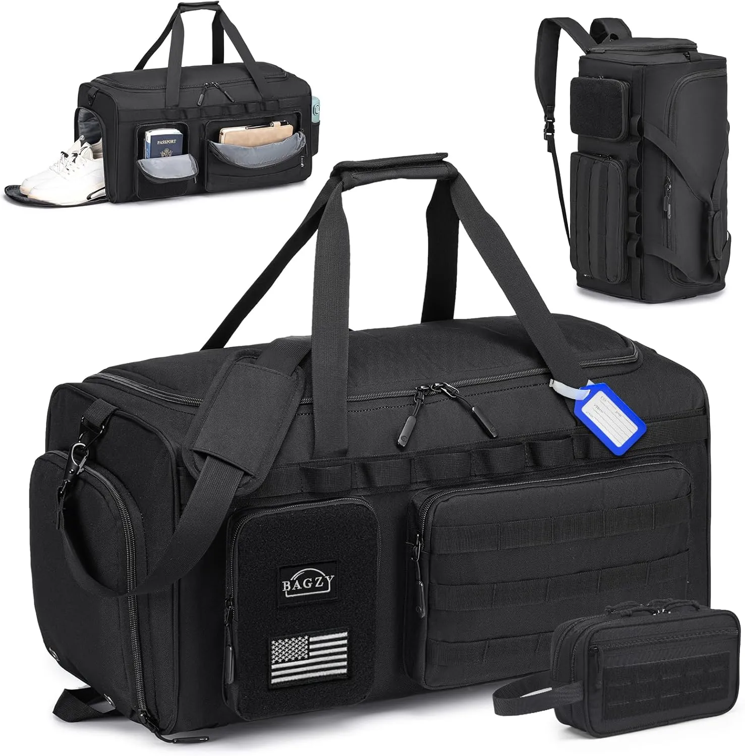 BAGZY Tactical Gym Bags for Men 3 In 1 Travel Duffle Bag 40L with Shoe Compartment Travel Backpack Fitness Weekender Deployment with 1pcs Tactical Toiletry Bag Black