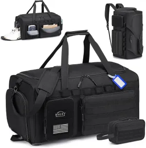 BAGZY Tactical Gym Bags for Men 3 In 1 Travel Duffle Bag 40L with Shoe Compartment Travel Backpack Fitness Weekender Deployment with 1pcs Tactical Toiletry Bag Black