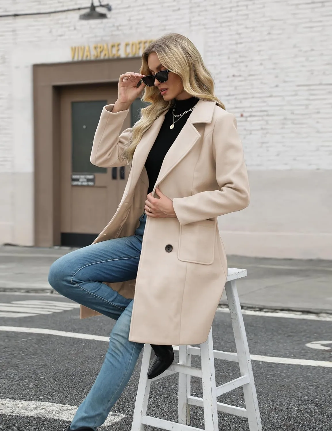 Bankeng Women Winter Wool Blend Camel Mid-Long Coat Notch Double-Breasted Lapel Jacket Outwear