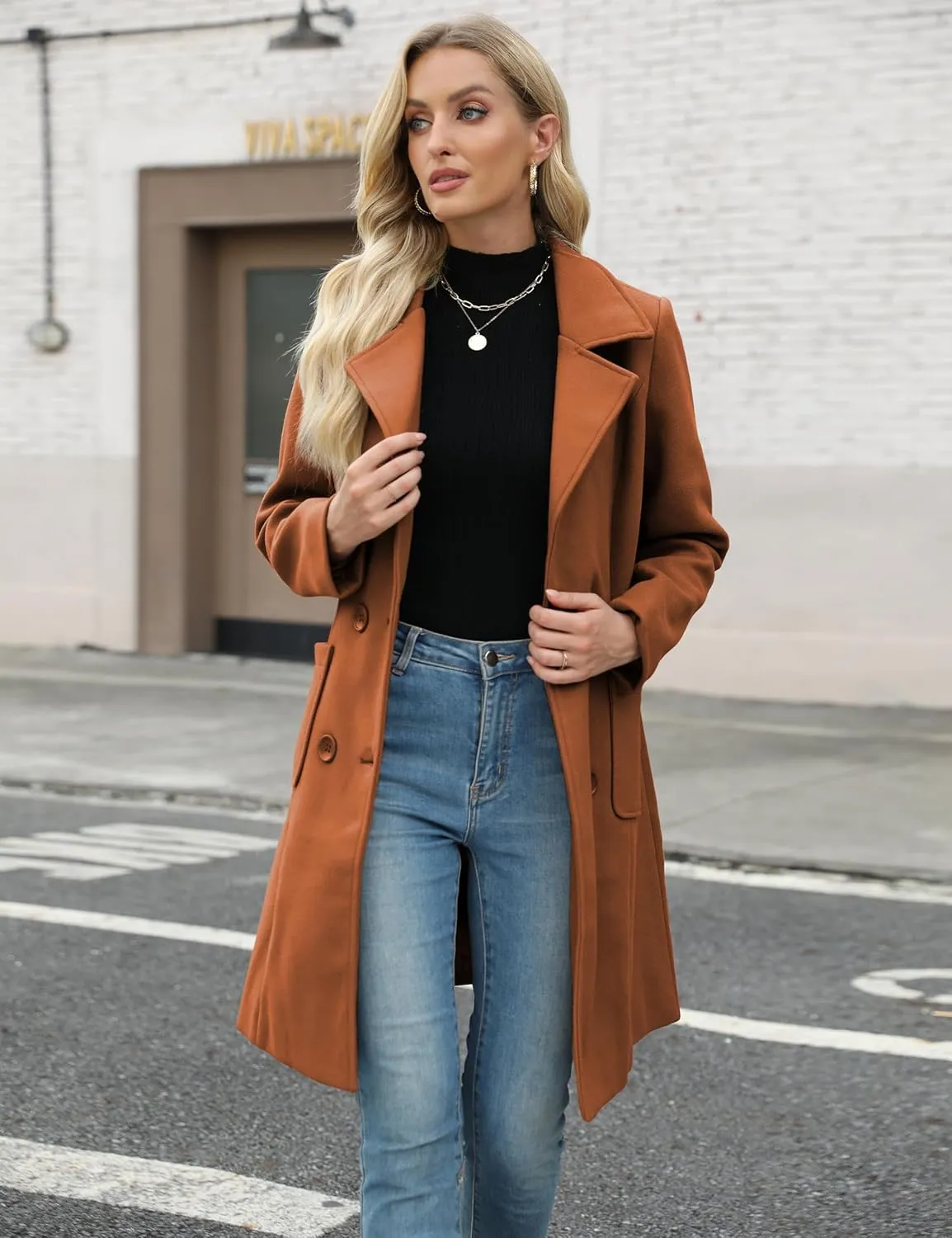 Bankeng Women Winter Wool Blend Camel Mid-Long Coat Notch Double-Breasted Lapel Jacket Outwear