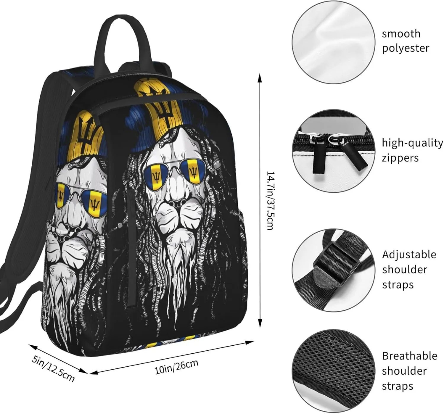 Barbados Lion Flag Travel Backpacks Casual Laptop Backpack Sport Rucksack Large Capacity Daypack Multi-Pockets Adjustable Strap Bag for Working Hiking