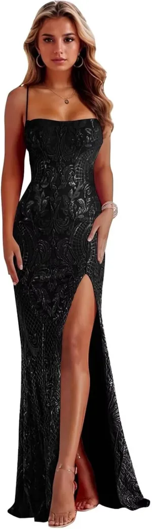 Basgute Mermaid Sequin Lace Prom Dresses for Women Sparkly Slit Long Corset Formal Evening Party Gown