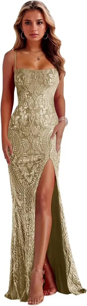 Basgute Mermaid Sequin Lace Prom Dresses for Women Sparkly Slit Long Corset Formal Evening Party Gown