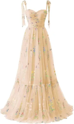 Basgute Women's Flower Embroidery Tulle Prom Dresses Corset Long Spaghetti Strap Fairy Ruched Formal Evening Party Gown