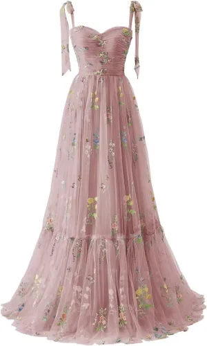 Basgute Women's Flower Embroidery Tulle Prom Dresses Corset Long Spaghetti Strap Fairy Ruched Formal Evening Party Gown
