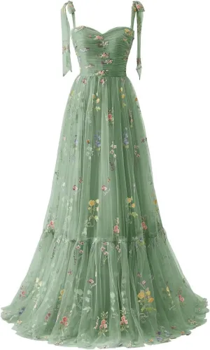 Basgute Women's Flower Embroidery Tulle Prom Dresses Corset Long Spaghetti Strap Fairy Ruched Formal Evening Party Gown
