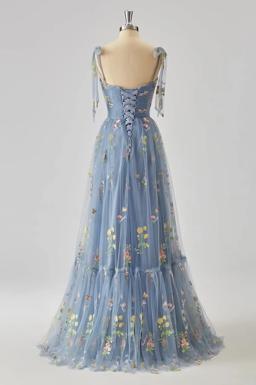 Basgute Women's Flower Embroidery Tulle Prom Dresses Corset Long Spaghetti Strap Fairy Ruched Formal Evening Party Gown