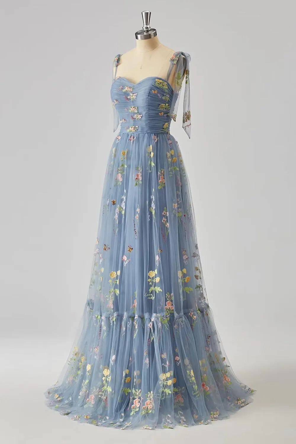 Basgute Women's Flower Embroidery Tulle Prom Dresses Corset Long Spaghetti Strap Fairy Ruched Formal Evening Party Gown