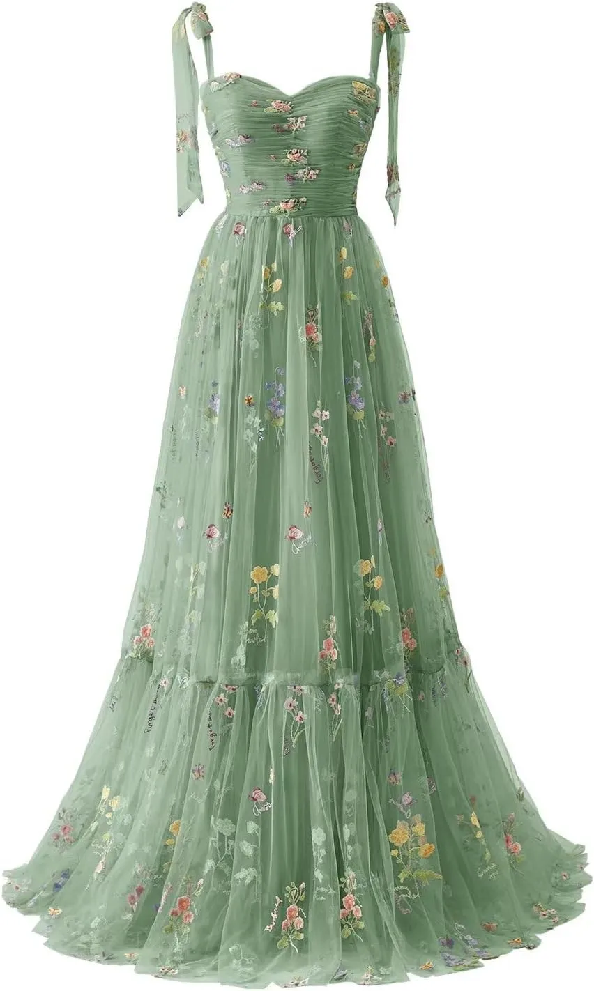 Basgute Women's Flower Embroidery Tulle Prom Dresses Corset Long Spaghetti Strap Fairy Ruched Formal Evening Party Gown