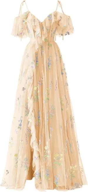 Basgute Women's Flower Embroidery Tulle Prom Dresses Slit Long Spaghetti Straps V Neck Fairy Formal Evening Party Gown