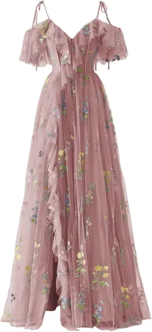 Basgute Women's Flower Embroidery Tulle Prom Dresses Slit Long Spaghetti Straps V Neck Fairy Formal Evening Party Gown