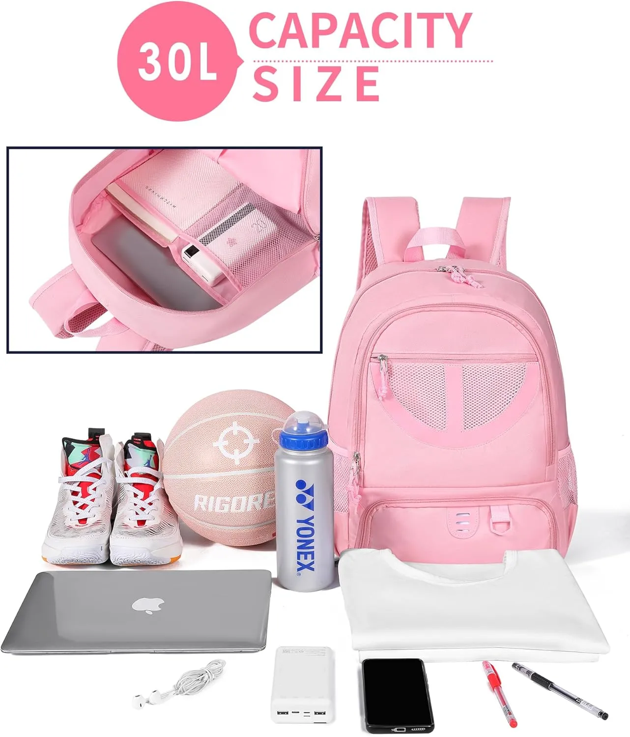 Basketball Bag Backpack for Men Women with Ball & Shoes Compartment 30L Capacity Lightweight Breathable Boys Girls Soccer Ball Bag Backpack Fit Volleyball Football Sports Travel School Gym