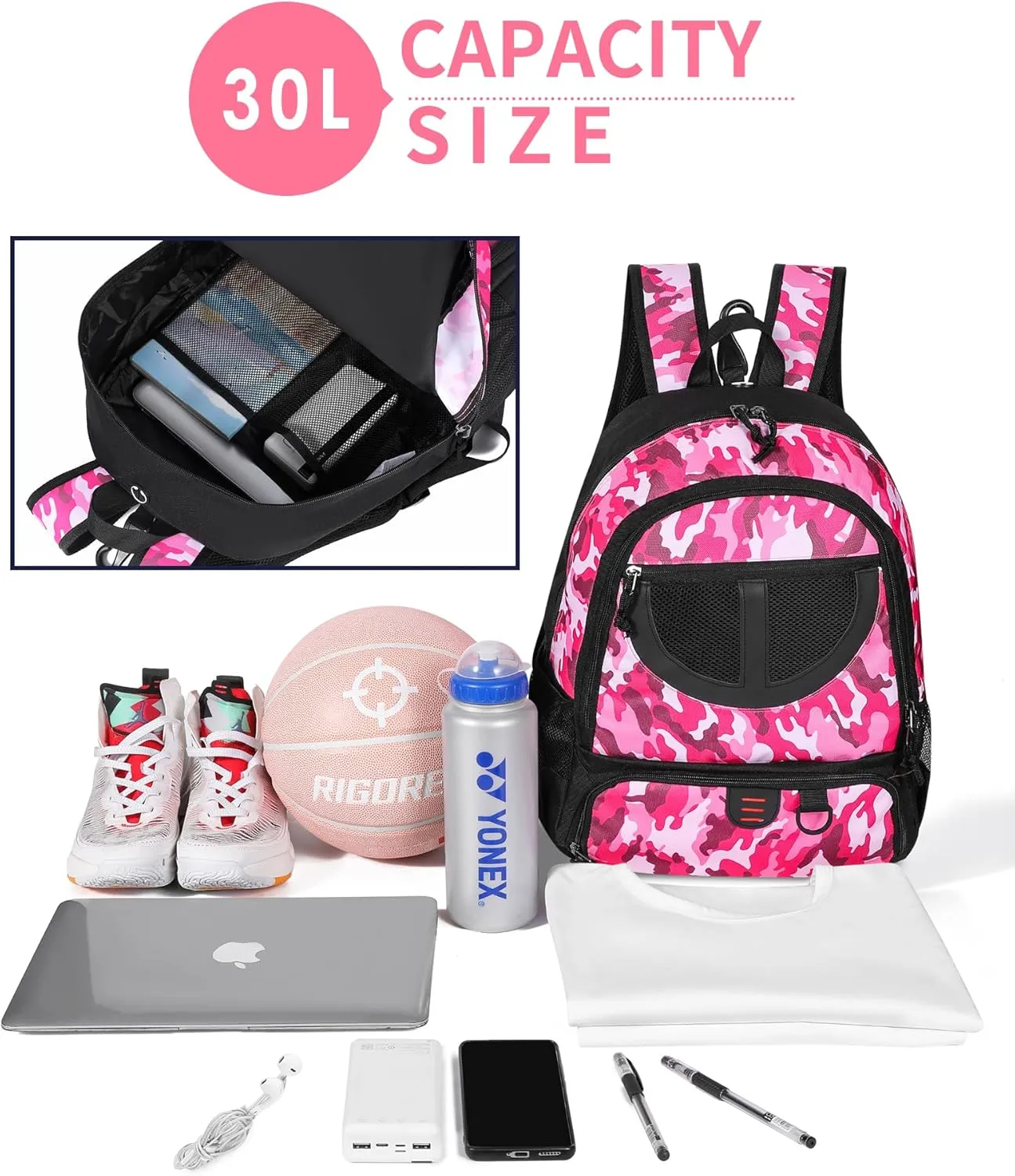 Basketball Bag Backpack for Men Women with Ball & Shoes Compartment 30L Capacity Lightweight Breathable Boys Girls Soccer Ball Bag Backpack Fit Volleyball Football Sports Travel School Gym