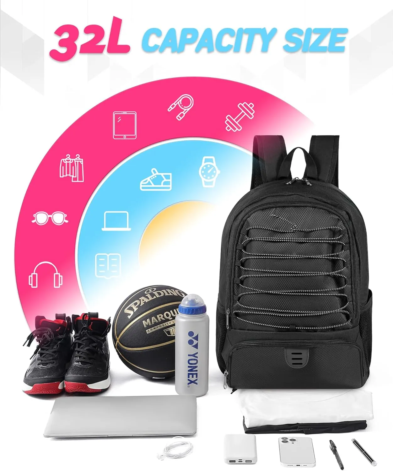 Basketball Bag Backpack for Men Women with Ball & Shoes Compartment 30L Capacity Lightweight Breathable Boys Girls Soccer Ball Bag Backpack Fit Volleyball Football Sports Travel School Gym