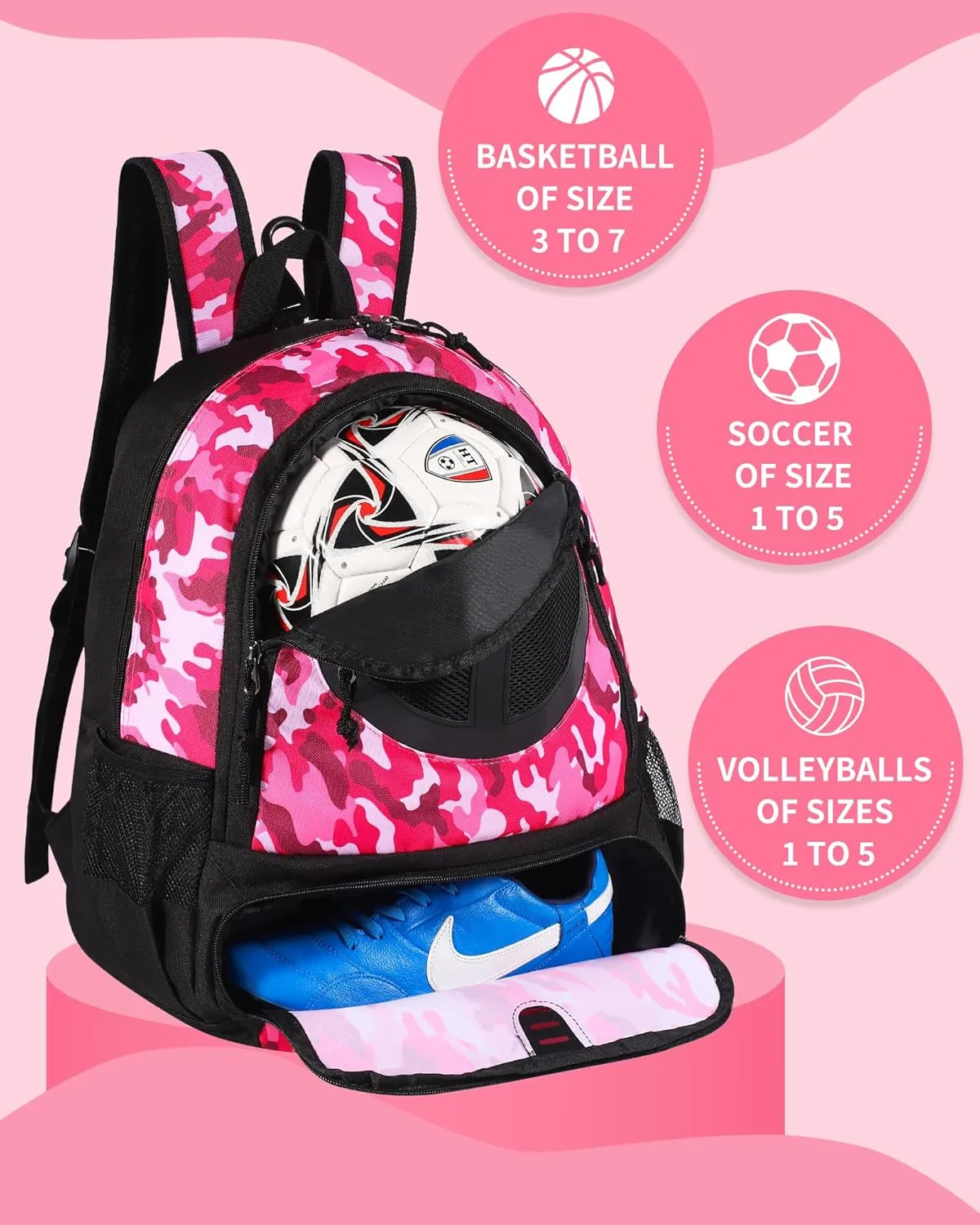 Basketball Bag Backpack for Men Women with Ball & Shoes Compartment 30L Capacity Lightweight Breathable Boys Girls Soccer Ball Bag Backpack Fit Volleyball Football Sports Travel School Gym