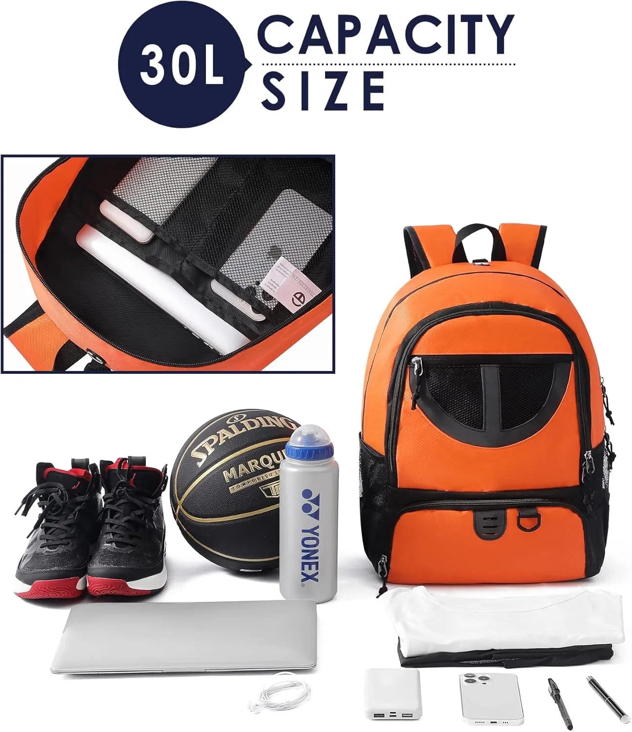 Basketball Bag Backpack for Men Women with Ball & Shoes Compartment 30L Capacity Lightweight Breathable Boys Girls Soccer Ball Bag Backpack Fit Volleyball Football Sports Travel School Gym