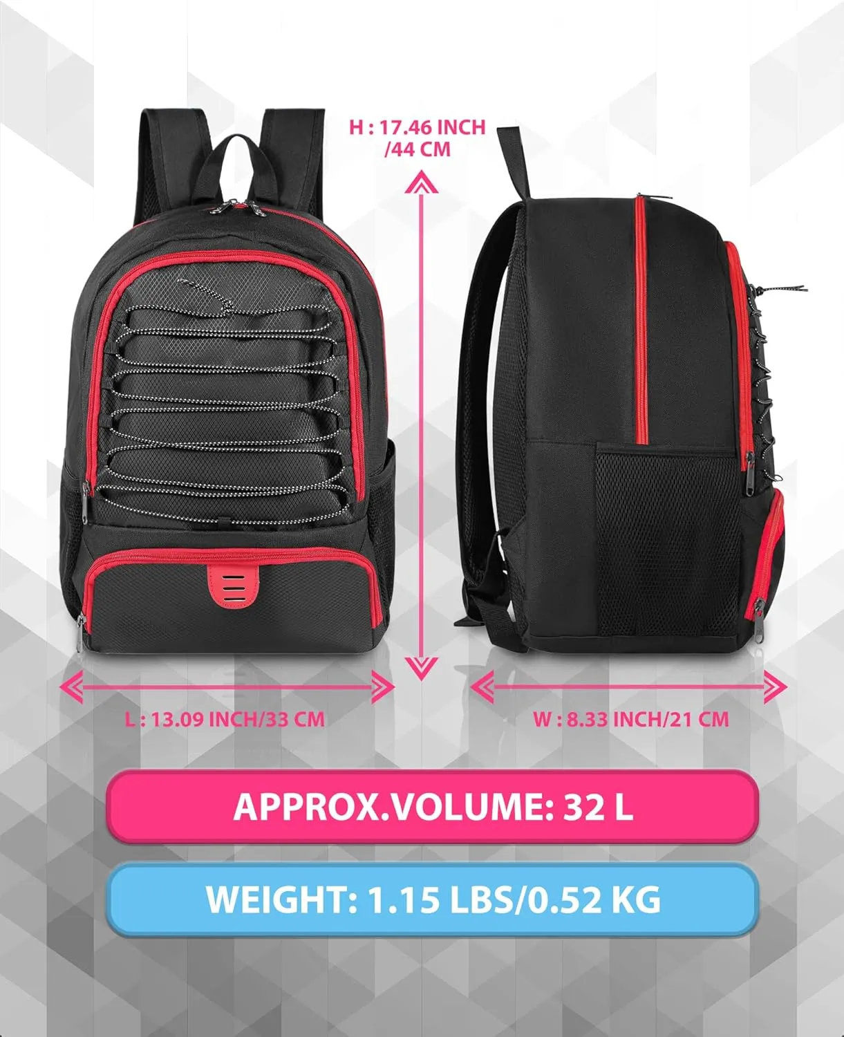 Basketball Bag Backpack for Men Women with Ball & Shoes Compartment 30L Capacity Lightweight Breathable Boys Girls Soccer Ball Bag Backpack Fit Volleyball Football Sports Travel School Gym