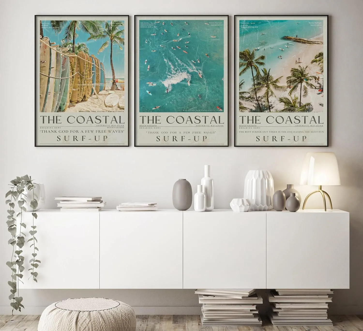 Beach Surfing Canvas Wall Art Retro Newspaper Beaches Surfboard Painting Picture Wall Decor Summer Coastal Granddaughter Room Preppy Surf Up Poster Print Artwork for Dorm Bedroom Apartment Home Decor
