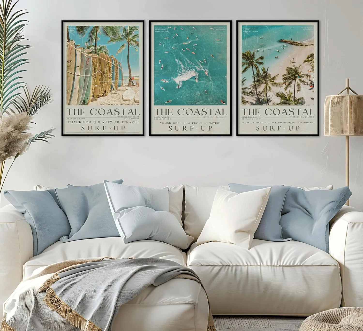 Beach Surfing Canvas Wall Art Retro Newspaper Beaches Surfboard Painting Picture Wall Decor Summer Coastal Granddaughter Room Preppy Surf Up Poster Print Artwork for Dorm Bedroom Apartment Home Decor