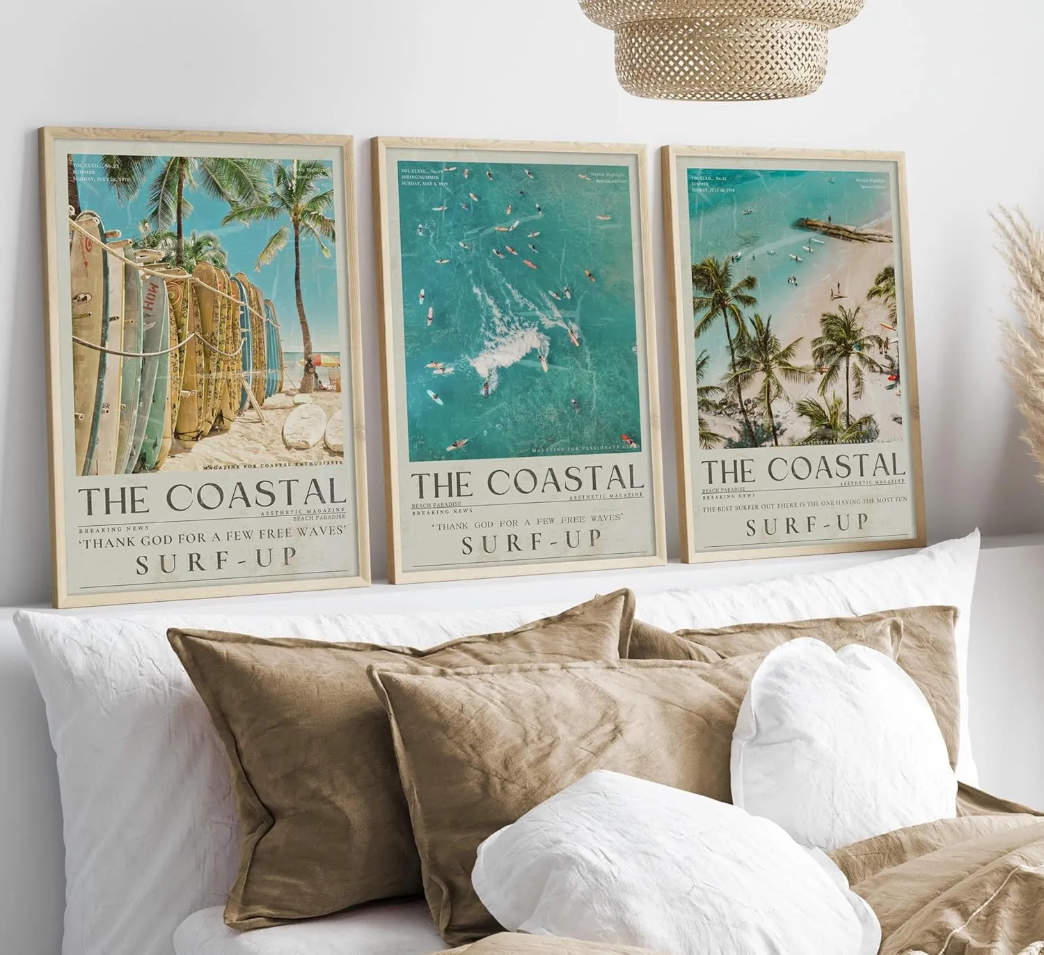 Beach Surfing Canvas Wall Art Retro Newspaper Beaches Surfboard Painting Picture Wall Decor Summer Coastal Granddaughter Room Preppy Surf Up Poster Print Artwork for Dorm Bedroom Apartment Home Decor
