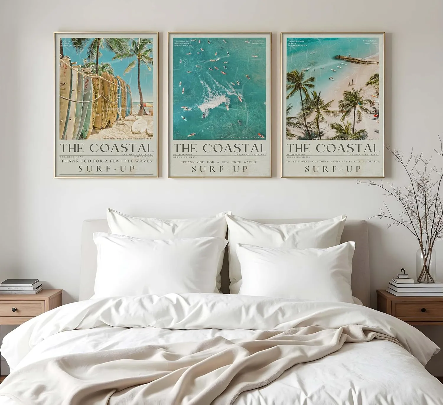 Beach Surfing Canvas Wall Art Retro Newspaper Beaches Surfboard Painting Picture Wall Decor Summer Coastal Granddaughter Room Preppy Surf Up Poster Print Artwork for Dorm Bedroom Apartment Home Decor