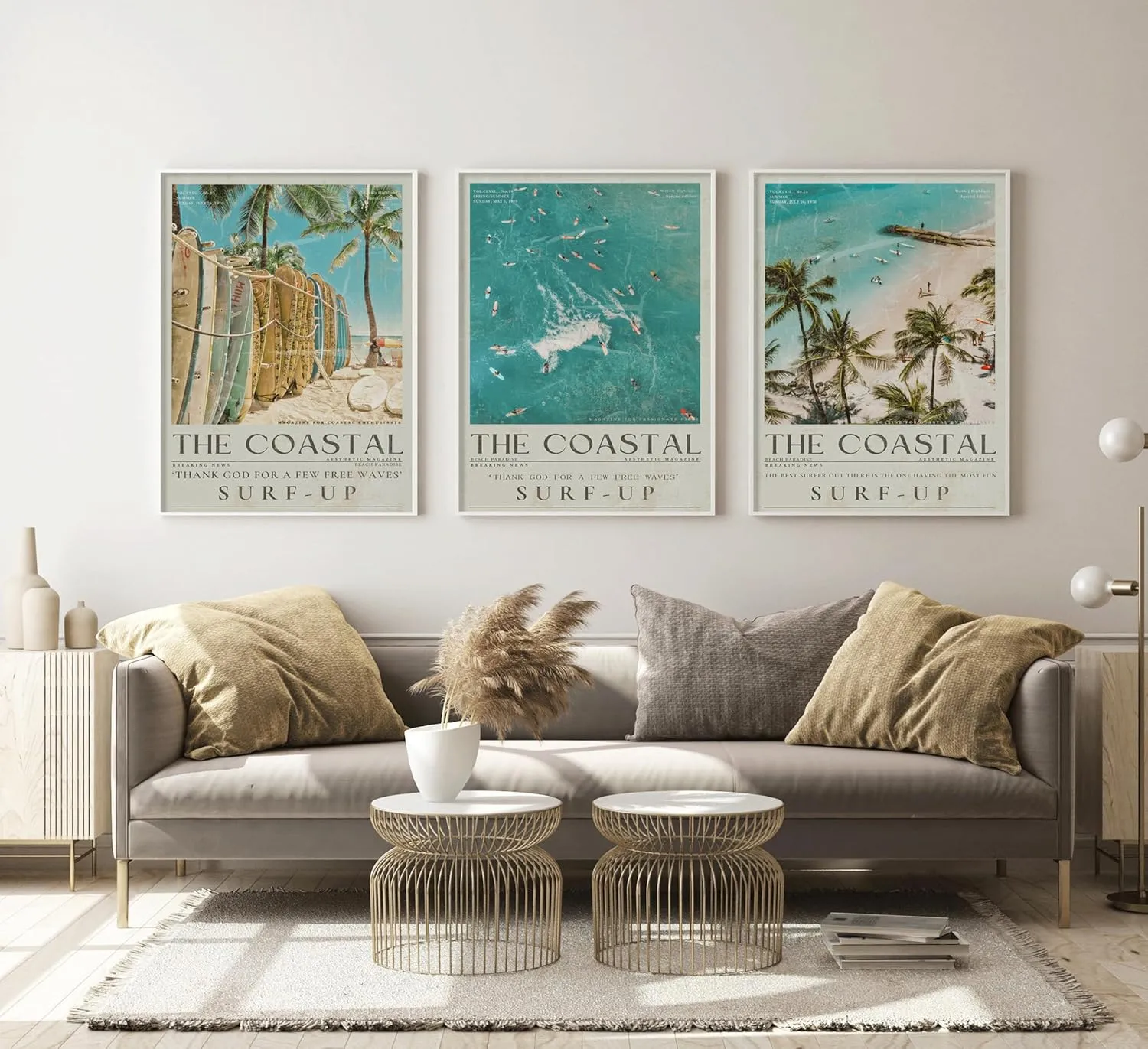 Beach Surfing Canvas Wall Art Retro Newspaper Beaches Surfboard Painting Picture Wall Decor Summer Coastal Granddaughter Room Preppy Surf Up Poster Print Artwork for Dorm Bedroom Apartment Home Decor