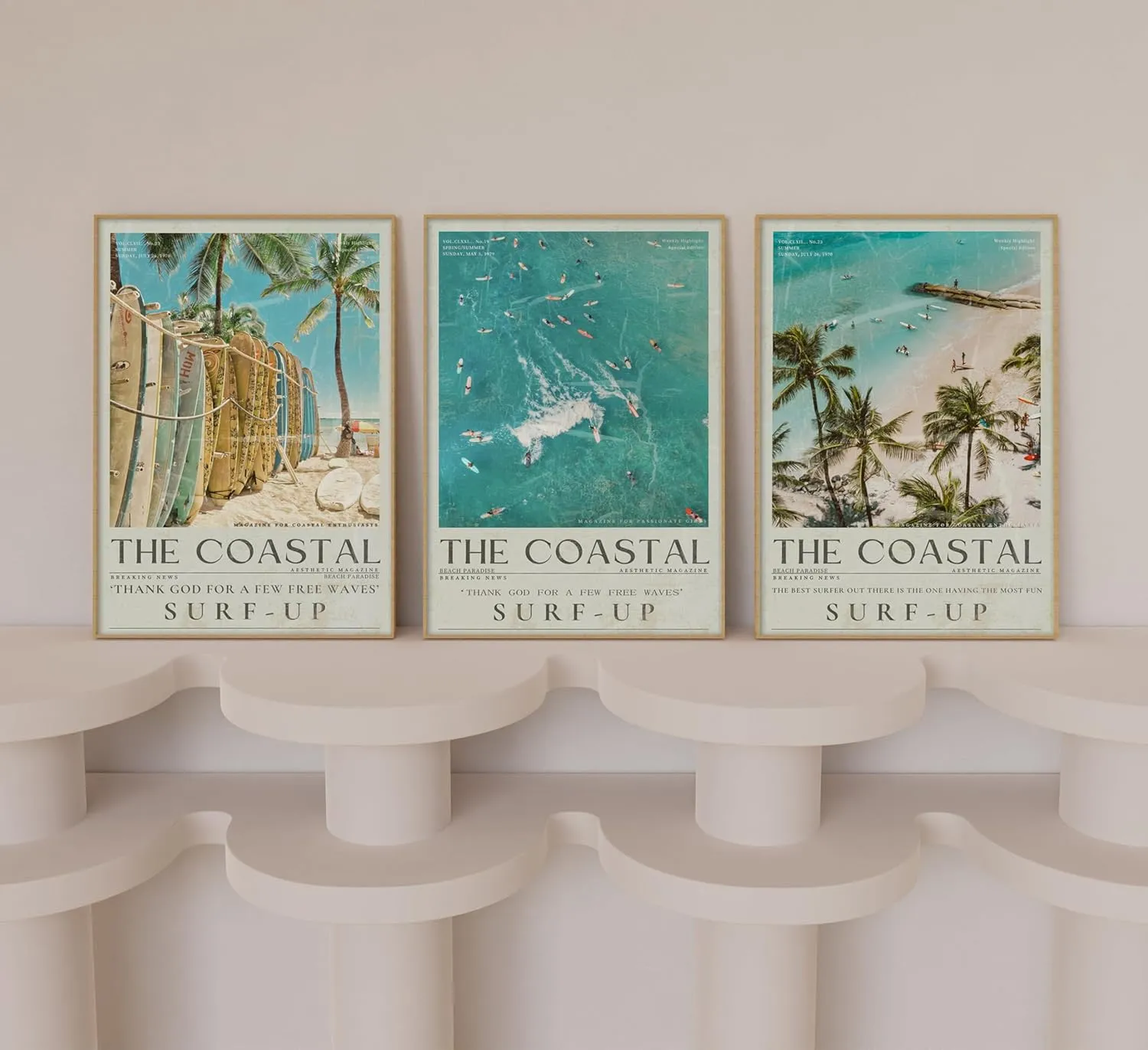 Beach Surfing Canvas Wall Art Retro Newspaper Beaches Surfboard Painting Picture Wall Decor Summer Coastal Granddaughter Room Preppy Surf Up Poster Print Artwork for Dorm Bedroom Apartment Home Decor