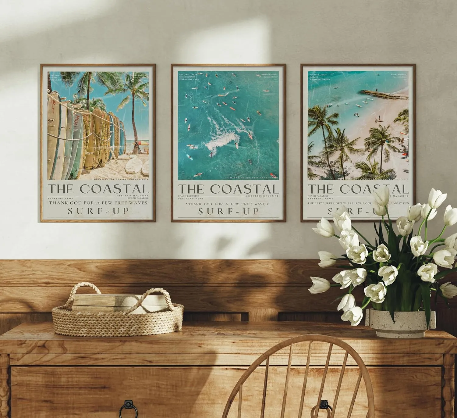 Beach Surfing Canvas Wall Art Retro Newspaper Beaches Surfboard Painting Picture Wall Decor Summer Coastal Granddaughter Room Preppy Surf Up Poster Print Artwork for Dorm Bedroom Apartment Home Decor