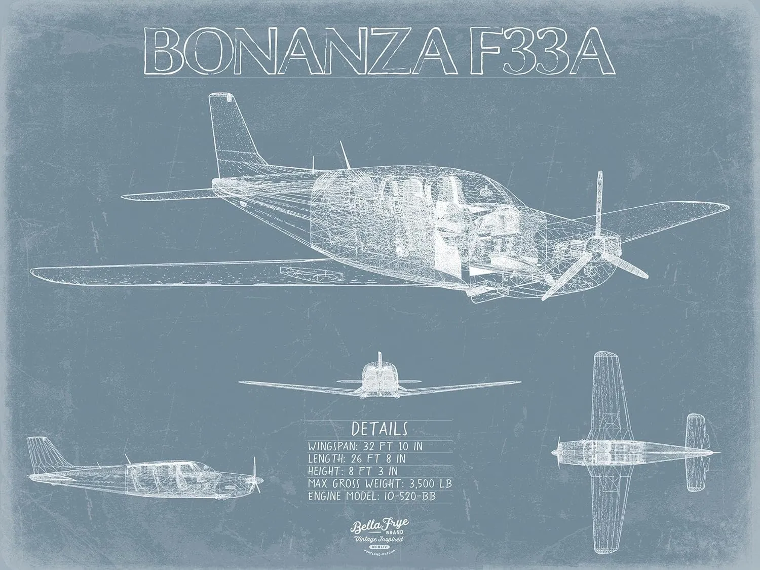 Beechcraft Bonanza F33A Aircraft Blueprint Wall Art - Original Aviation Plane Print 24" x 18" / Unframed Paper Giclee