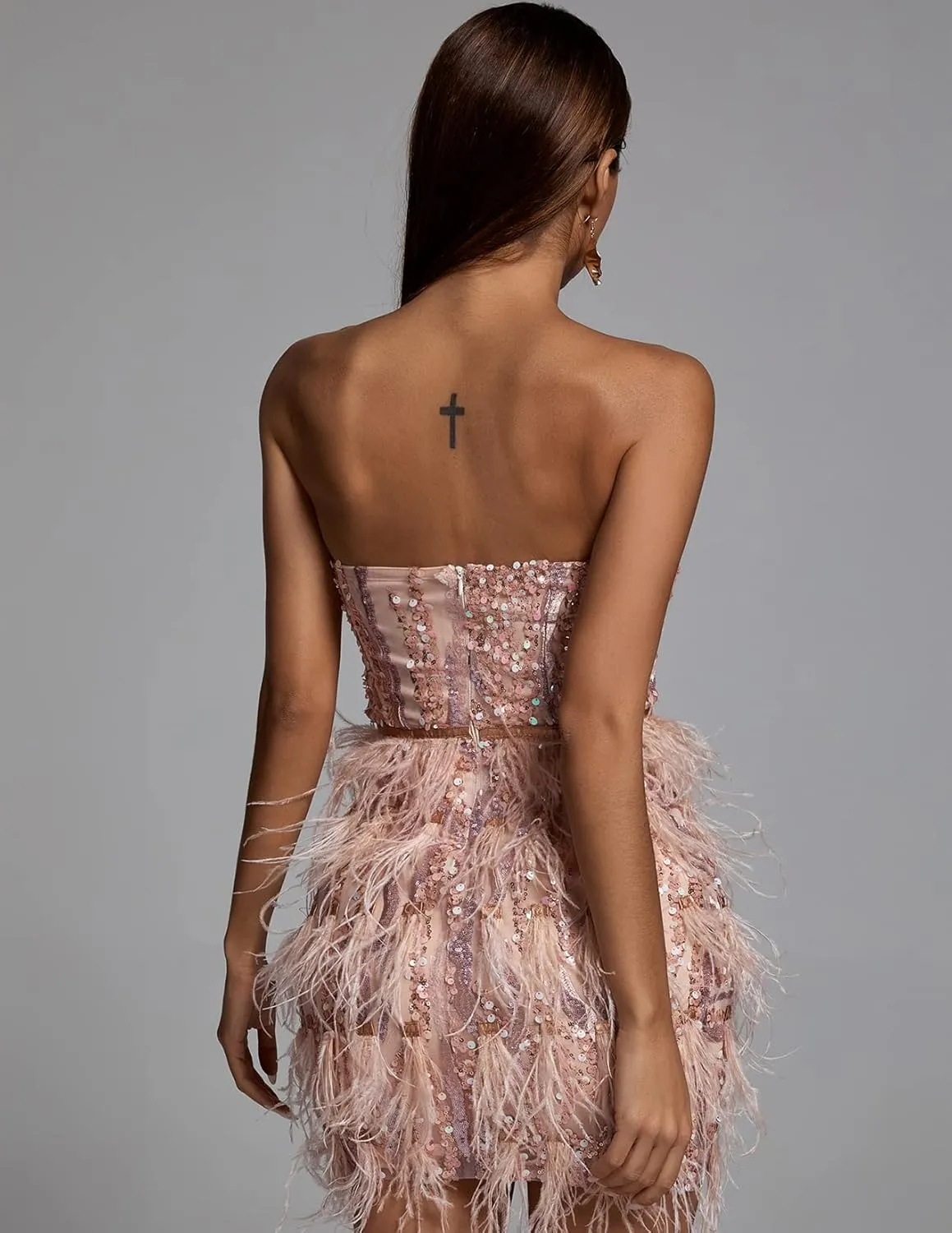 BELLA BARNETT Fringe Feather Dress with Shining Sequin - Low Cut Homecoming Mini Corset Dress