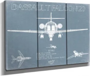 Bella Frye Dassault Falcon 20 Aircraft Blueprint Wall Art - Original Airplane Print 36" x 24" / 3 Panel Canvas Wrap
