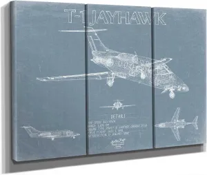 Bella Frye Raytheon T-1 Jayhawk Aircraft Blueprint Wall Art - Original Plane Print 48" x 36" / 3 Panel Canvas Wrap