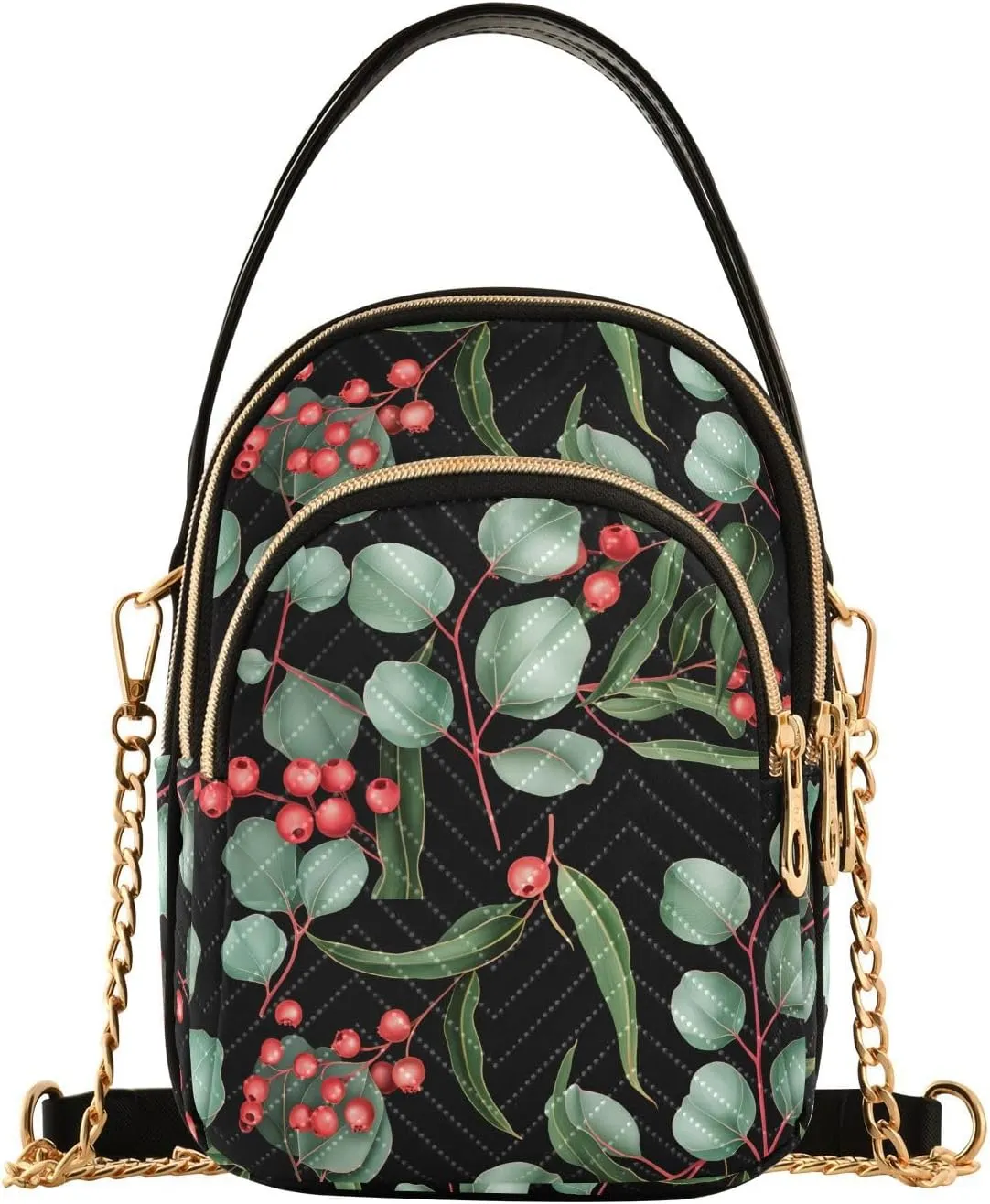 Berry Branch Dark Black Multi Pockets Crossbody Bags for Women Zip Cell Phone Purse Wallet Bag with Detachable Shoulder Strap Cross Body Handbag for Gift Traveling Working Shopping Women Girls Trendy