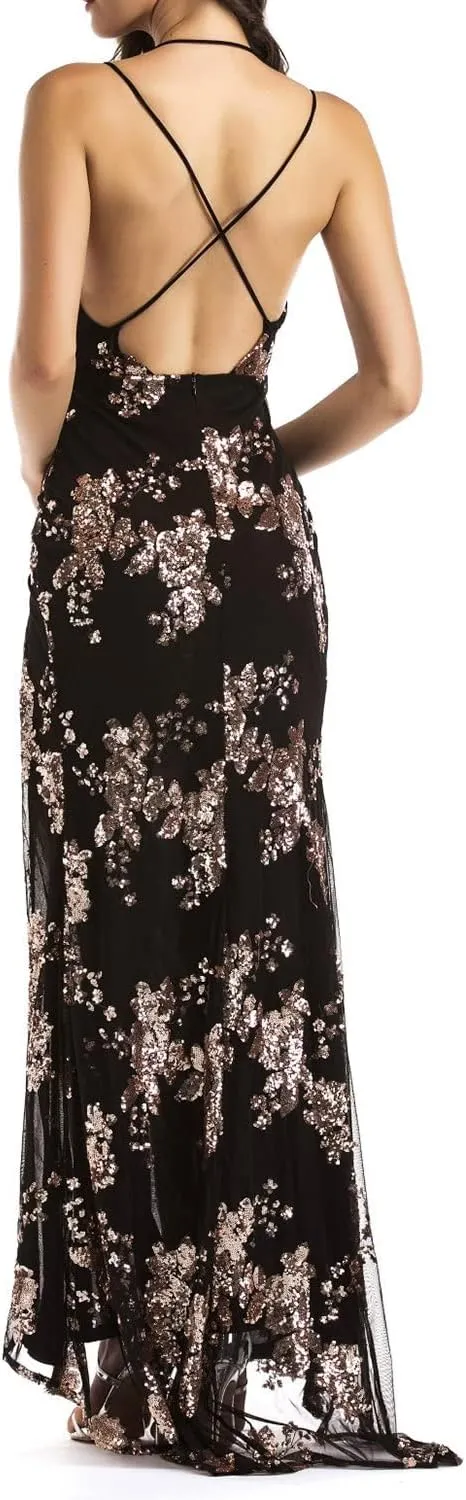 BerryGo Women's Sexy V Neck Bodycon Sequin Gown Evening Dress with Slit