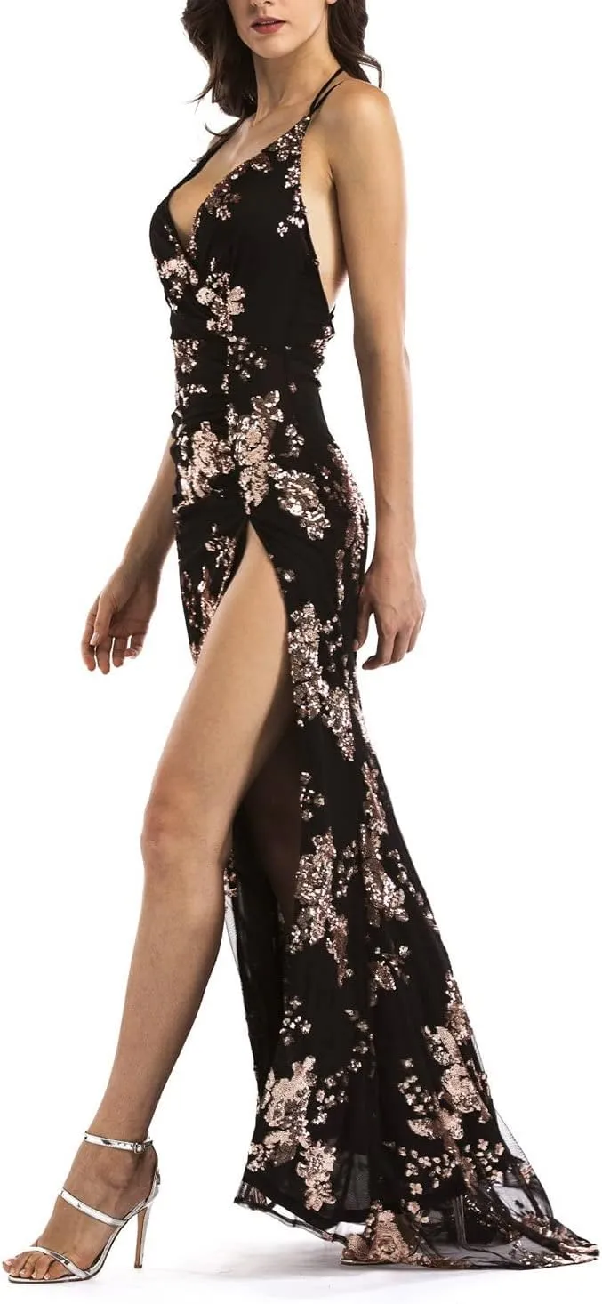 BerryGo Women's Sexy V Neck Bodycon Sequin Gown Evening Dress with Slit