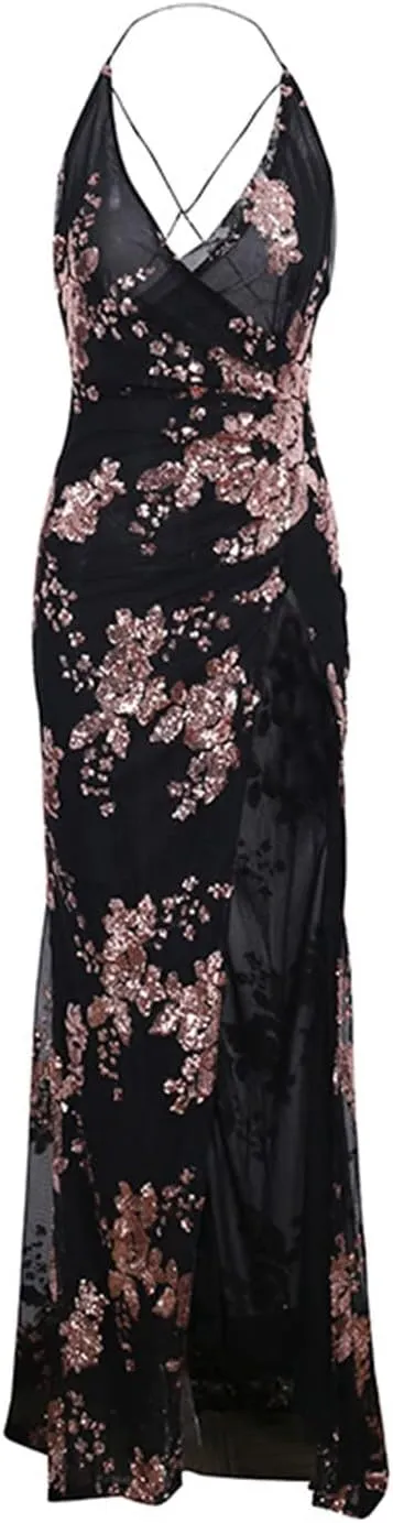 BerryGo Women's Sexy V Neck Bodycon Sequin Gown Evening Dress with Slit